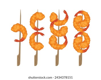 Set of shrimp tempura, yakitori with different quantities, shrimp in batter for Asian fast food and takeaway restaurants