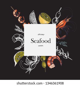 Set of shrimps. Hand drawn illustrations.Seafood concept on white background. Hand drawn boil prawn or shrimp. Background template for design. Can be use for menu, packaging.