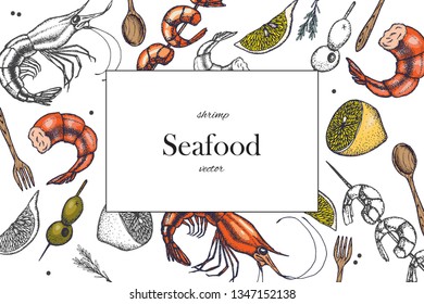 Set of shrimps. Hand drawn illustrations.Seafood concept on white background. Hand drawn boil prawn or shrimp. Background template for design. Can be use for menu, packaging.