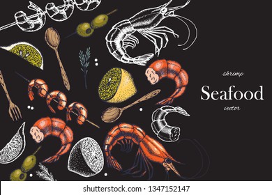 Set of shrimps. Hand drawn illustrations.Seafood concept on white background. Hand drawn boil prawn or shrimp. Background template for design. Can be use for menu, packaging.