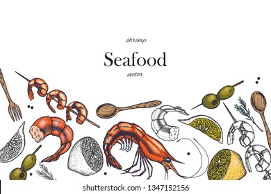 Set of shrimps. Hand drawn illustrations.Seafood concept on white background. Hand drawn boil prawn or shrimp. Background template for design. Can be use for menu, packaging.