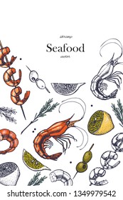 Set of shrimps. Hand drawn illustrations.Seafood concept on white background. Hand drawn boil prawn or shrimp. Background template for design. Can be use for menu, packaging.