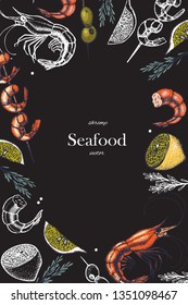 Set of shrimps with lemon and olives. Hand drawn illustrations.Seafood concept on white background. Hand drawn boil prawn or shrimp. Background template for design. Can be use for menu, packaging.