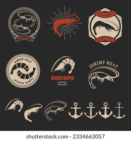 Set of shrimps meat labels. Shrimps icons. Shrimps meat labels, emblems, badges and design elements. Vector design element.