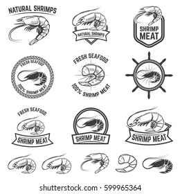 Set of the shrimps meat labels isolated on white background. Design element for logo, label, badge, sign. Vector illustration.