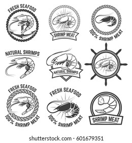 Set of the shrimps meat labels isolated on white background. Design element for logo, label, badge, sign. Vector illustration.