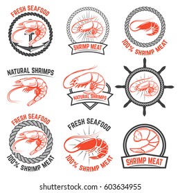 Set of the shrimps meat labels isolated on white background. Design element for logo, label, badge, sign. Vector illustration.