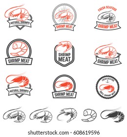 Set of the shrimps meat labels isolated on white background. Design element for logo, label, badge, sign. Vector illustration.