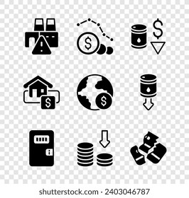 Set Shutdown of factory, Dollar rate decrease, Drop in crude oil price, Prison cell door, Credit card, Hanging sign with Sale and Global economic crisis icon. Vector
