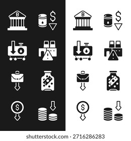 Set Shutdown of factory, Drop in crude oil price, Bank building, Briefcase, Glass money jar with coin, Dollar rate decrease and  icon. Vector