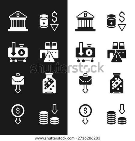 Set Shutdown of factory, Drop in crude oil price, Bank building, Briefcase, Glass money jar with coin, Dollar rate decrease and  icon. Vector