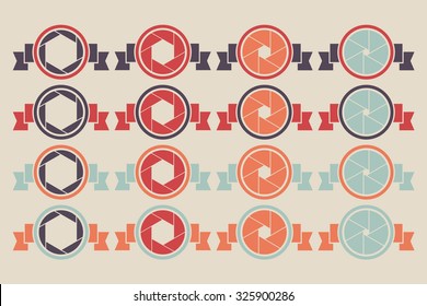 Set of shutter icon with ribbon. Shutter badge symbol. Shutter logo sign.