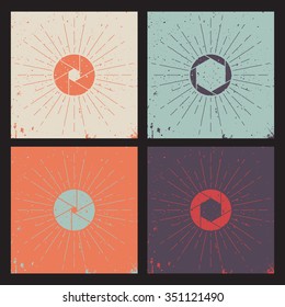 Set of shutter icon with vintage sunburst and grunge background.