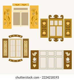Set of shuttered windows in yellow and brown colours. Vector illustration.