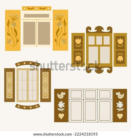 Set of shuttered windows in yellow and brown colours. Vector illustration.