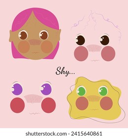 Set of shy emotion. Cartoon kid differents emotion. Pink hair, yellow face and kawaii eyes. Green, brown and dark brown eyes. Flat vector illustration