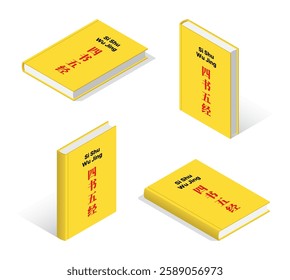 Set of Si Shu Wu Jing. Holy book of Confucianism. 3D isometric illustration. Isolated vector for banner, poster, presentation, infographic,  web, apps, and other uses.
