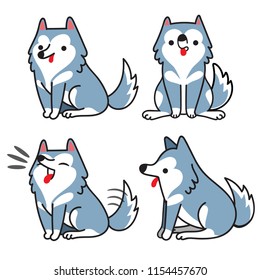 Set of siberian husky dog in different poses.Vector illustration, Cartoon doodle style.