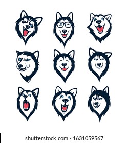 Set of siberian husky stickers. Dog in different emotions. Illustrations for prints, logos, websites, and apps.