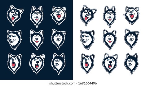 Set of siberian husky stickers. Dog in different emotions. Illustrations for prints, logos, websites, and apps.