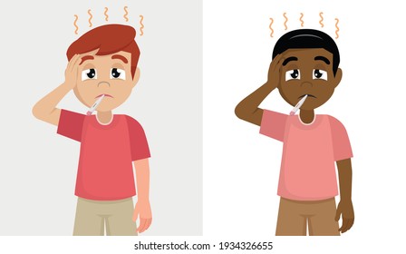 Set Sick boy with thermometer in his mouth.