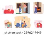 Set of Sick Characters with Pale Faces, Tired Eyes And Coughing. Blankets And Tissues Surround People, Conveying Discomfort And Vulnerability In Battle Against Illness. Cartoon Vector Illustration