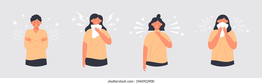 Set of sick characters - Young women having high temperature, throat pain, sneezing - Female character with symptoms of flu, cold or virus infection, allergy - Vector flat illustration