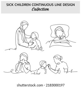 Set of sick child one continuous line. Vector illustration of minimalist style on a white background.