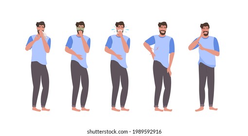 establecer personajes de enfermos con dolor en diferentes partes del concepto de enfermedad por virus de la gripe corporal largo total horizontal