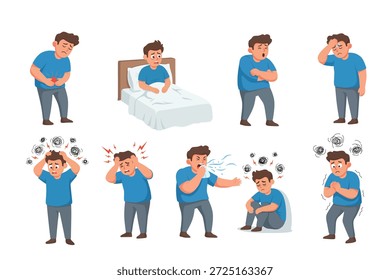 Conjunto de personajes de hombres enfermos que muestran varios síntomas de enfermedad como dolor de estómago, dolor de cabeza, tos, fiebre, estrés, mareos, debilidad y ansiedad. Ilustración vectorial plana de dibujos animados para la atención médica, médica y conceptos de enfermedades aislados sobre fondo blanco