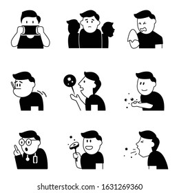 Set of sick man with corona virus and protections icon vector,person symbol