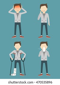Set with sick man. Headache, toothache, broken leg, allergy or runny nose. Vector illustration flat design