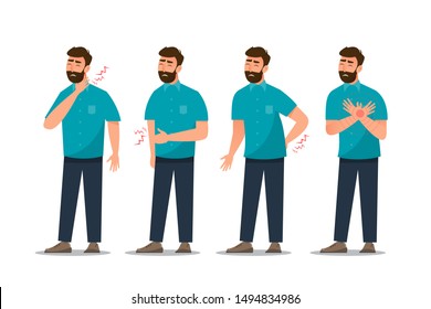 set of sick man stomach ache, heart disease, backache, neck pain, cough and gastritis. vector illustration cartoon character flat style