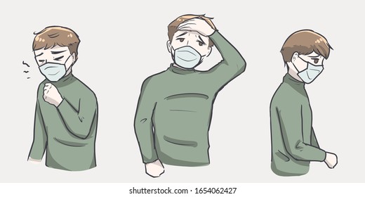 Set of sick man wearing mask kawaii line drawing anime cartoon style vector illustration