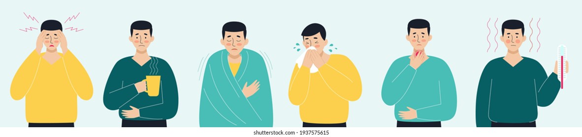 A set of sick men. Virus, headache, fever, cough, runny nose. The concept of viral diseases, coronavirus, epidemics, covid-19, colds. Illustration in flat style