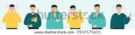 A set of sick men. Virus, headache, fever, cough, runny nose. The concept of viral diseases, coronavirus, epidemics, covid-19, colds. Illustration in flat style