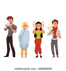 Set of sick people cartoon style vector illustration isolated on white background. People feeling unwell, having cold, seasonal flu, high temperature, running nose, and headache