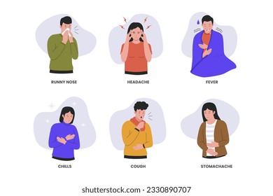 Set of sick people characters. Sick people feeling unwell, cough, runny nose, chills, fever and, headache. Flat vector illustration isolated on white background