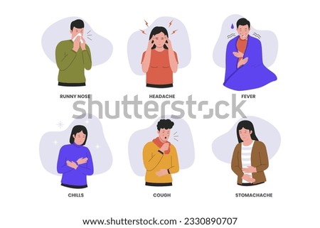 Set of sick people characters. Sick people feeling unwell, cough, runny nose, chills, fever and, headache. Flat vector illustration isolated on white background