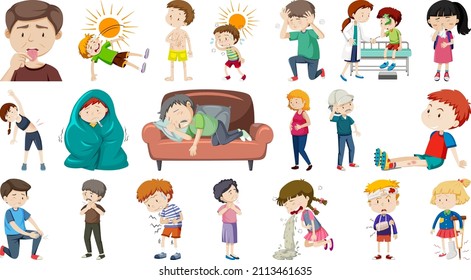 Set of sick people with different symptoms illustration