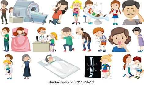 Conjunto de enfermos con diferentes síntomas ilustrativos