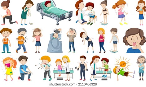Set of sick people with different symptoms illustration