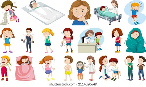 Set of sick people with different symptoms illustration
