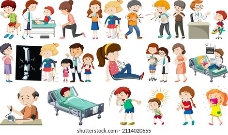 Set of sick people with different symptoms illustration
