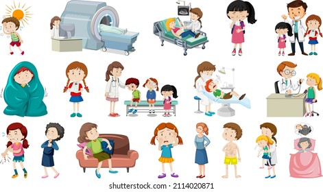 Set of sick people with different symptoms illustration
