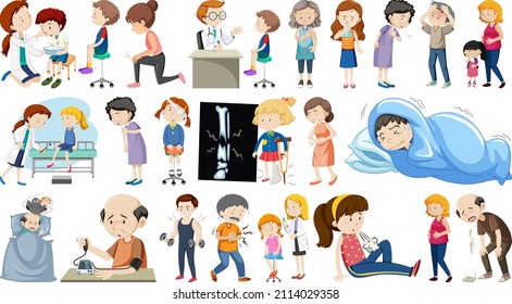 Conjunto de enfermos con diferentes síntomas ilustrativos
