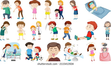 Set of sick people with different symptoms illustration