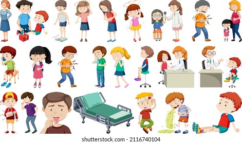 Conjunto de enfermos con diferentes síntomas ilustrativos
