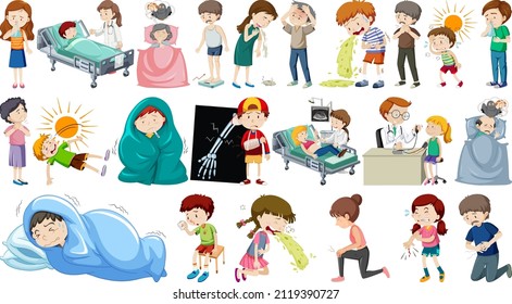 Set of sick people with different symptoms illustration
