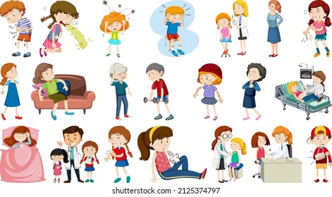Set of sick people with different symptoms illustration
